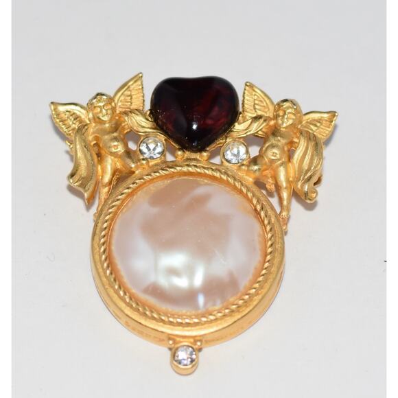 Givenchy Paris Rhinestone Faux Pearl Glass Red Heart Cherub Angel Brooch - Picture 6 of 8